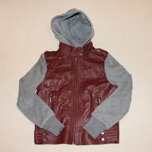 Red & Grey Faux Leather Jacket with Hood Size M